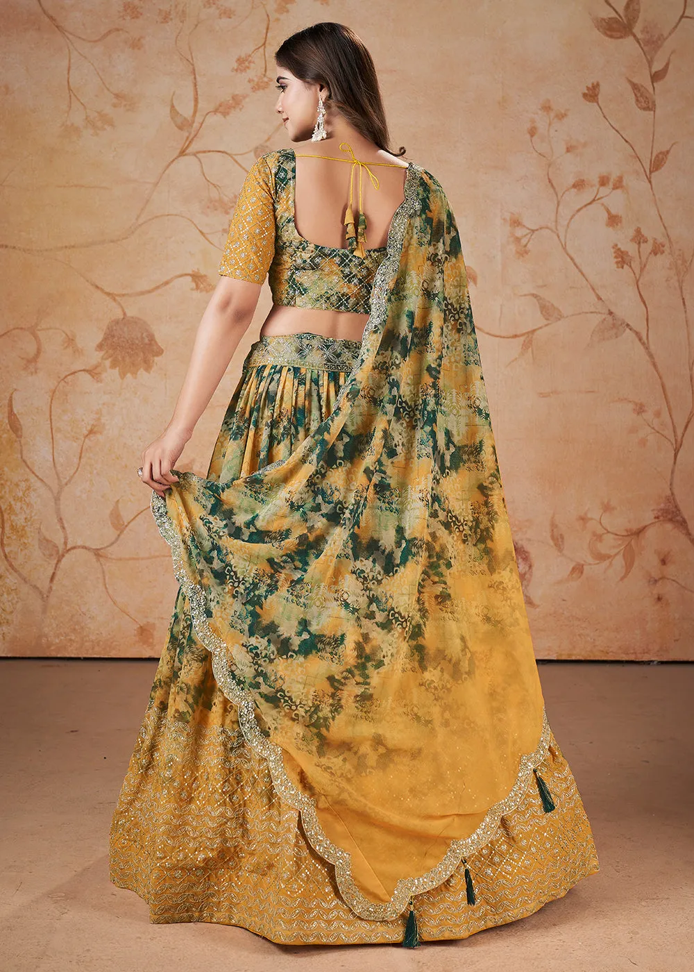 Yellow Digital Print & Sequins Wedding Festive Lehenga Choli