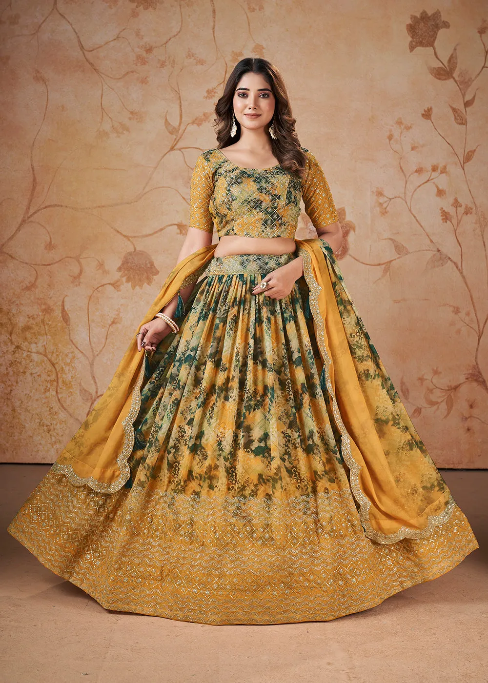 Yellow Digital Print & Sequins Wedding Festive Lehenga Choli