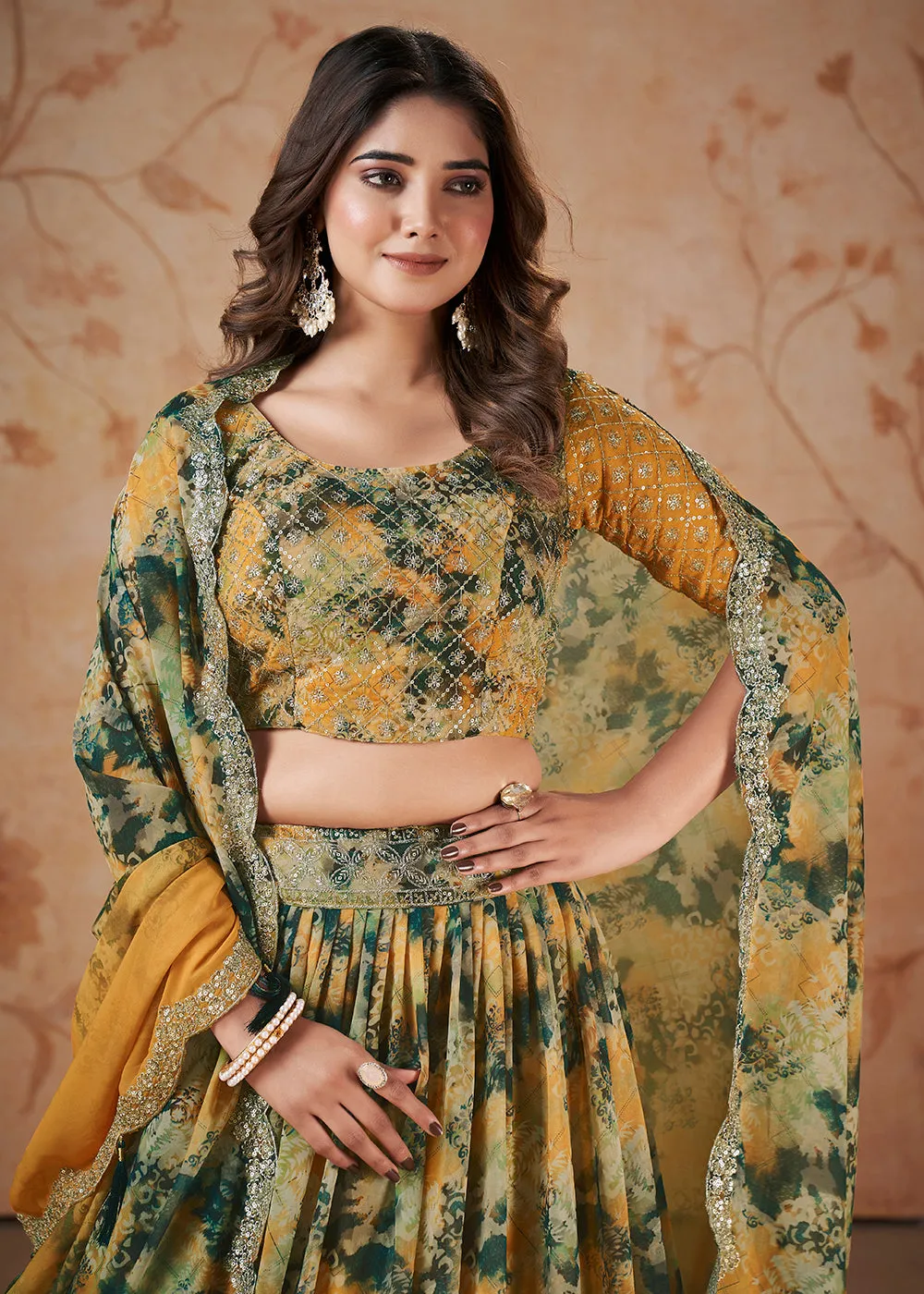 Yellow Digital Print & Sequins Wedding Festive Lehenga Choli