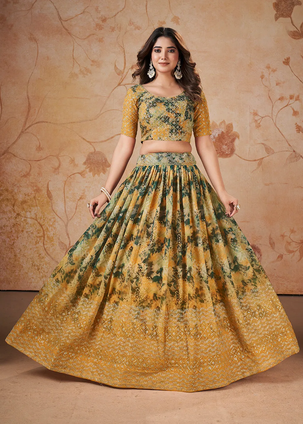 Yellow Digital Print & Sequins Wedding Festive Lehenga Choli