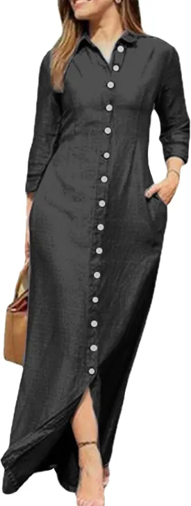YMING Womens Long Sleeve Button Down Shirt Dress Casual Solid Color Maxi Dresses Loose Fit Blouse Dress with Pockets