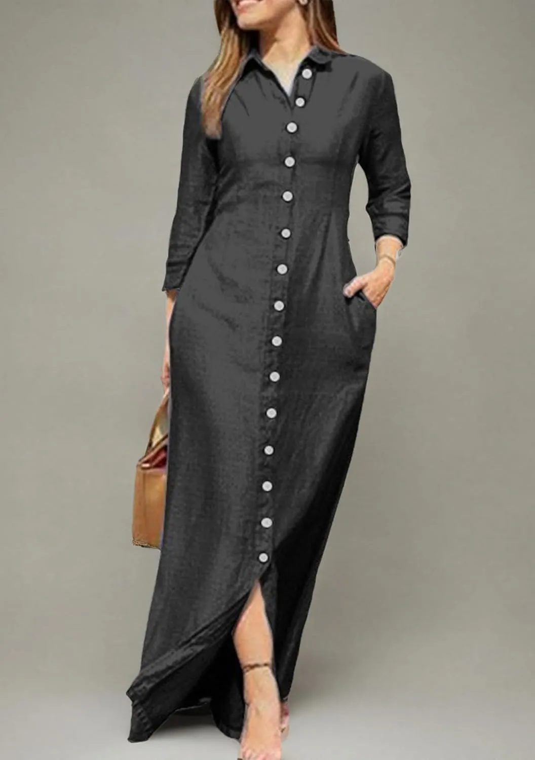 YMING Womens Long Sleeve Button Down Shirt Dress Casual Solid Color Maxi Dresses Loose Fit Blouse Dress with Pockets