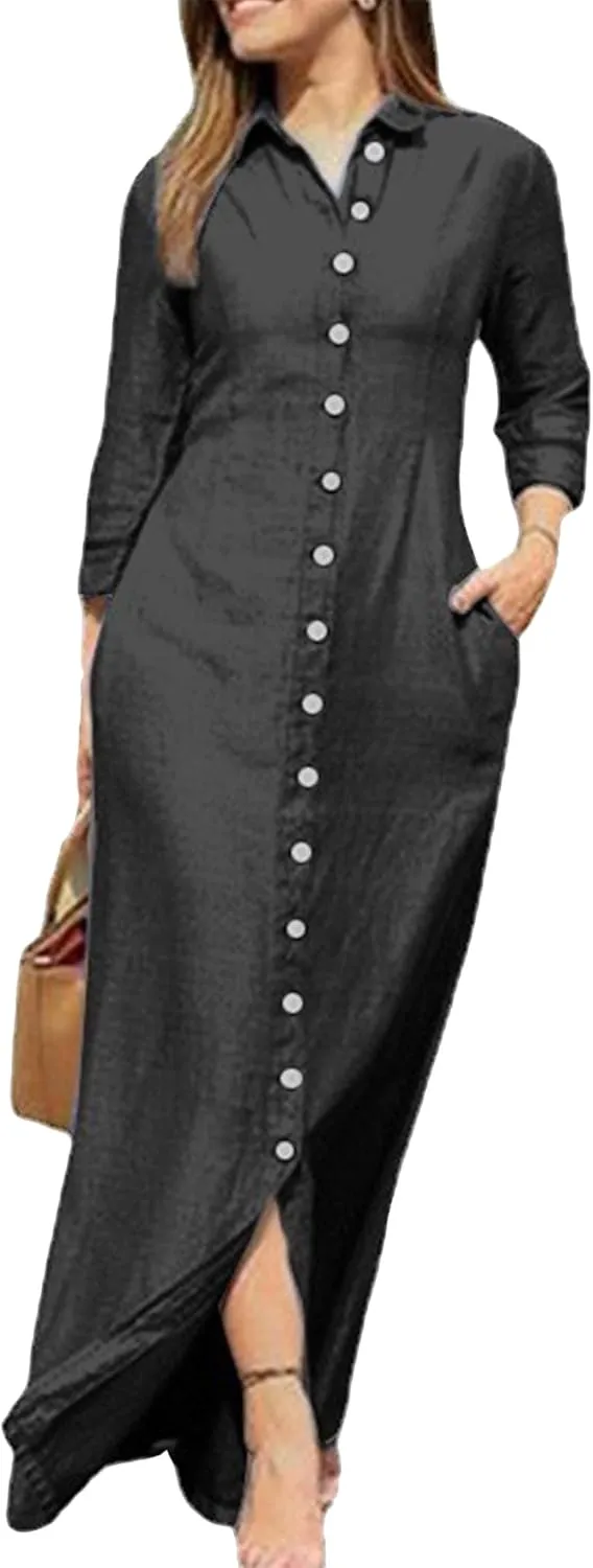 YMING Womens Long Sleeve Button Down Shirt Dress Casual Solid Color Maxi Dresses Loose Fit Blouse Dress with Pockets