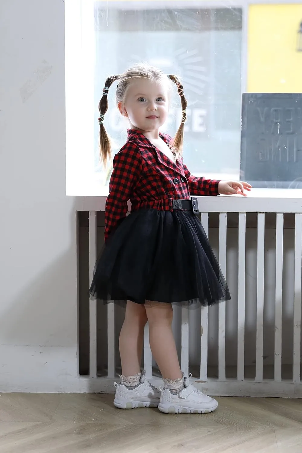 YOUNGER STAR Little Baby Girl Black and White Dress Buffalo Plaid Tutu Skirt Party Princess Formal Outfit Clothes